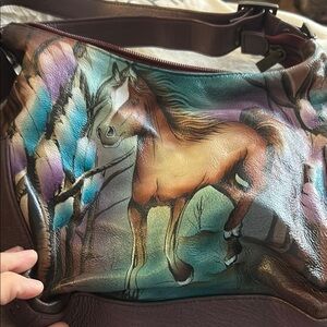 Anuschka Multicolor Horse Design Shoulder Bag